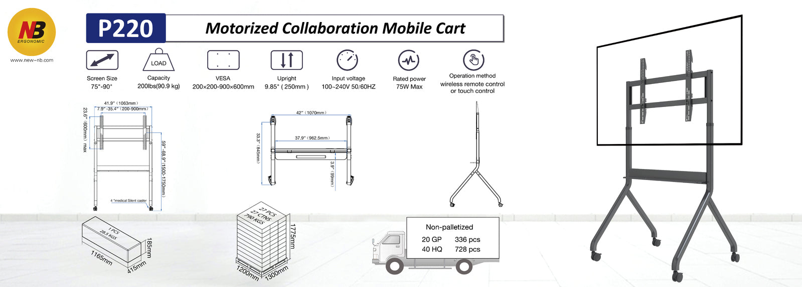 Heavy Duty Large Screen Elevator  Electric TV Mount Trolley  for 75-90 inch Screens P220