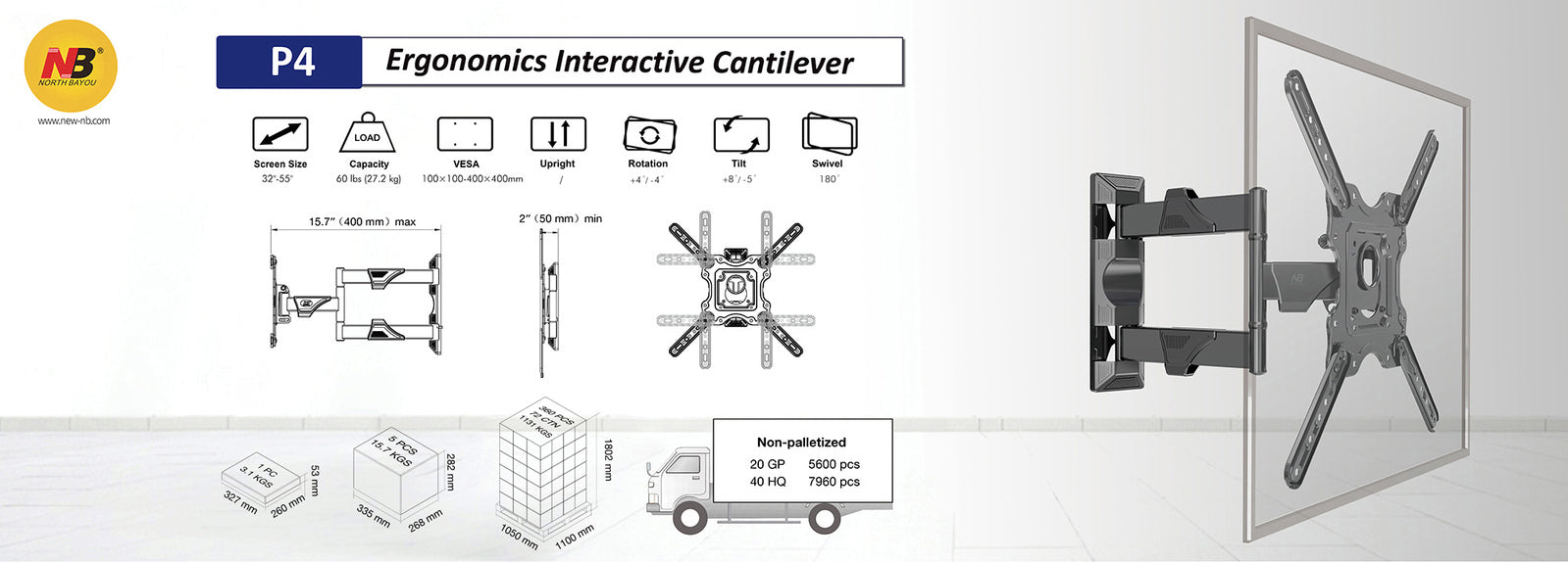P4 Cantilever VESA TV Wall Mount up to 27kg