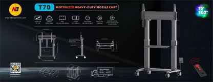 2026 NB T70SH Electric Mobile TV Stand Cart Mount Bracket For Touch panels to 136kg WITH SHELF