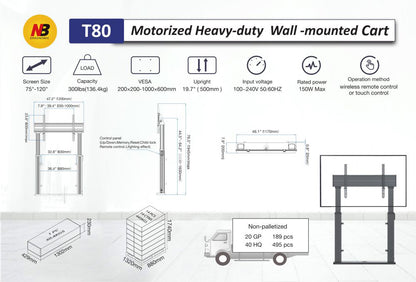 North Bayou HD Motorised Wall Mount for Touch panels to 136kg Fits 65" - 100" Screen T80