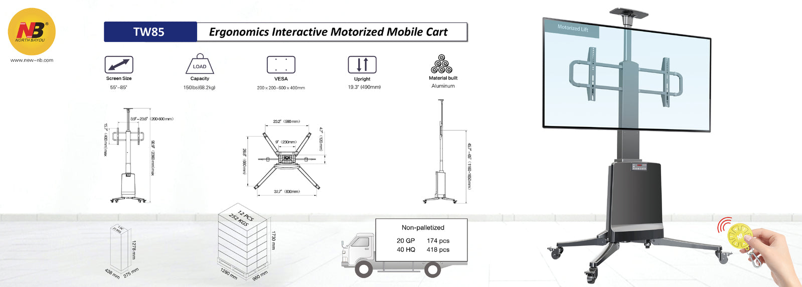 Mobile TV Stand TW85 - Electric Height Adjustment 68kg capacity