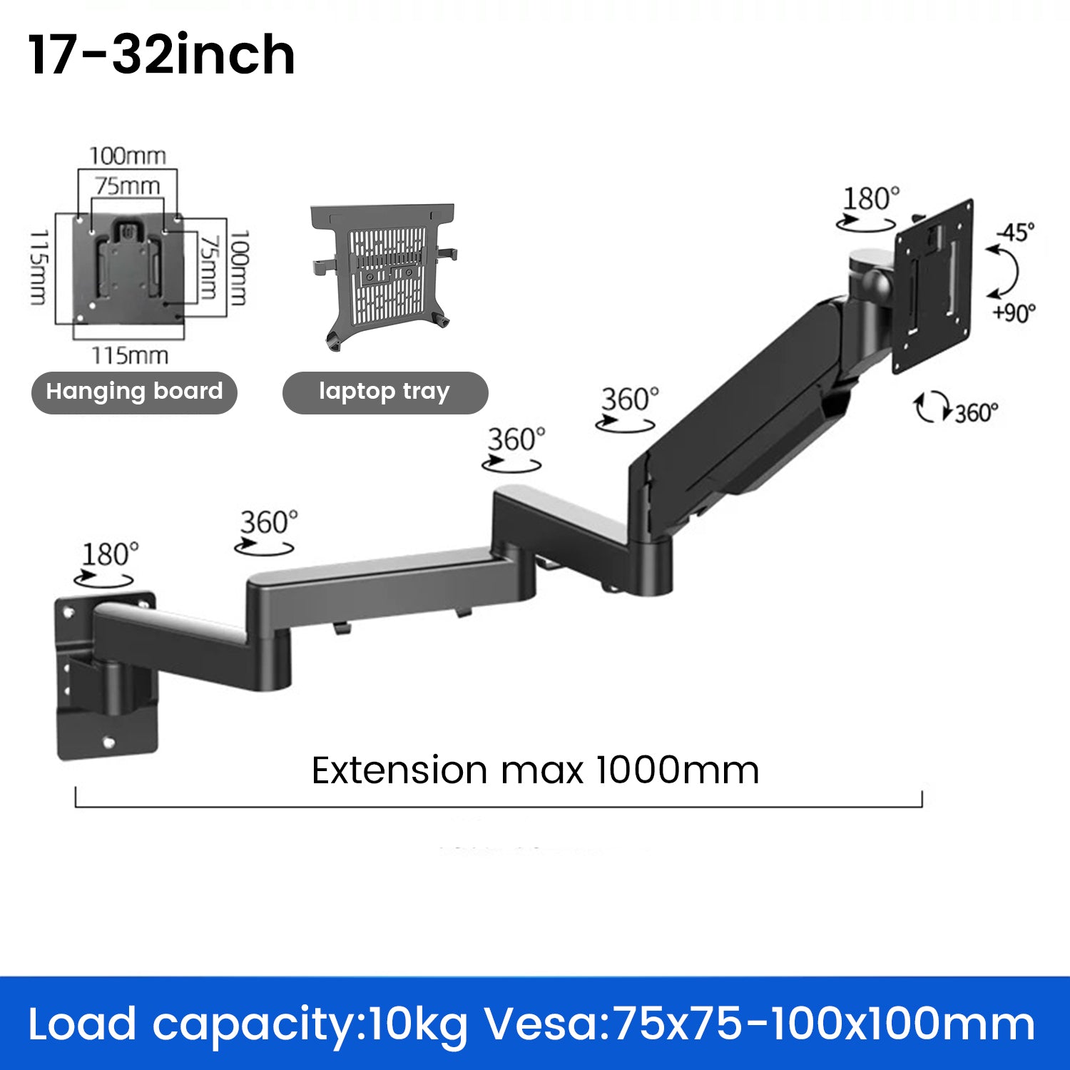 Extra Long Arm Extending Wall Mount for Monitors/Laptop gas struct 1000-1375mm reach