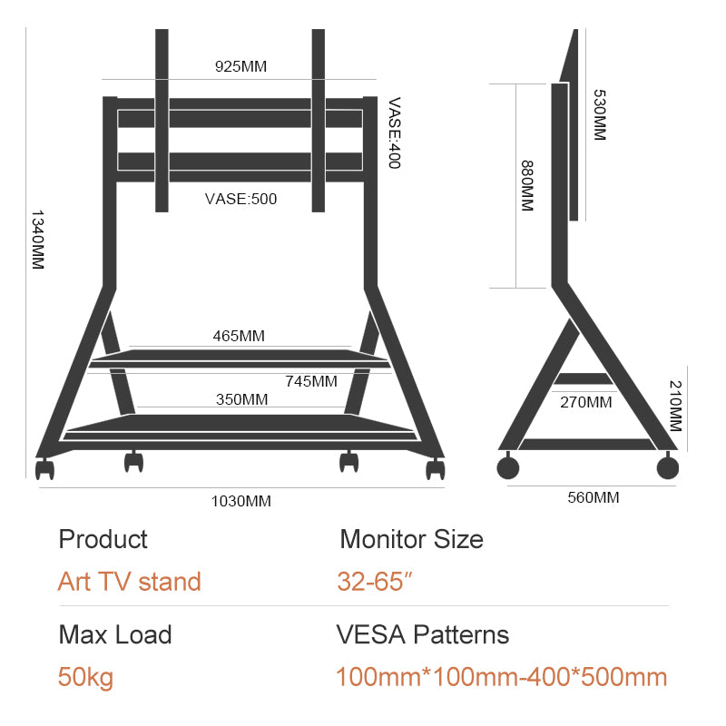 Medium Tower Art Mobile TV Stand Trolley with Storage 32-65 inch