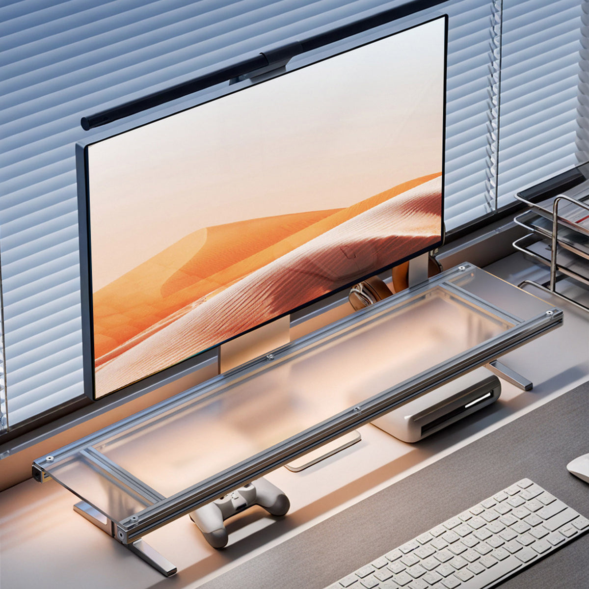 Ergonomic Acrylic Monitor Riser with RGB Lighting, Aluminum Height Adjustable Dual Monitor Stand, Gaming Desk Desktop Organizer