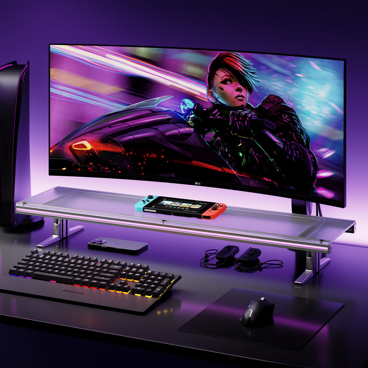 Ergonomic Acrylic Monitor Riser with RGB Lighting, Aluminum Height Adjustable Dual Monitor Stand, Gaming Desk Desktop Organizer