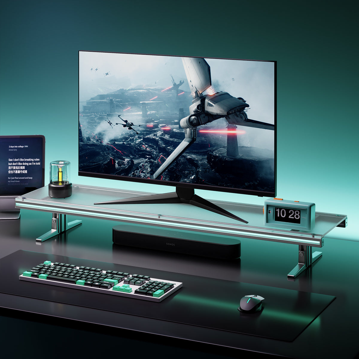 Ergonomic Acrylic Monitor Riser with RGB Lighting, Aluminum Height Adjustable Dual Monitor Stand, Gaming Desk Desktop Organizer