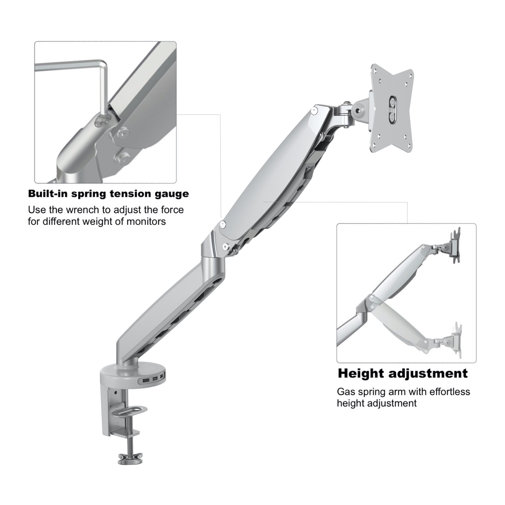 GKU Single Monitor Desk Mount - ProRiser Gas Spring Monitor Arm