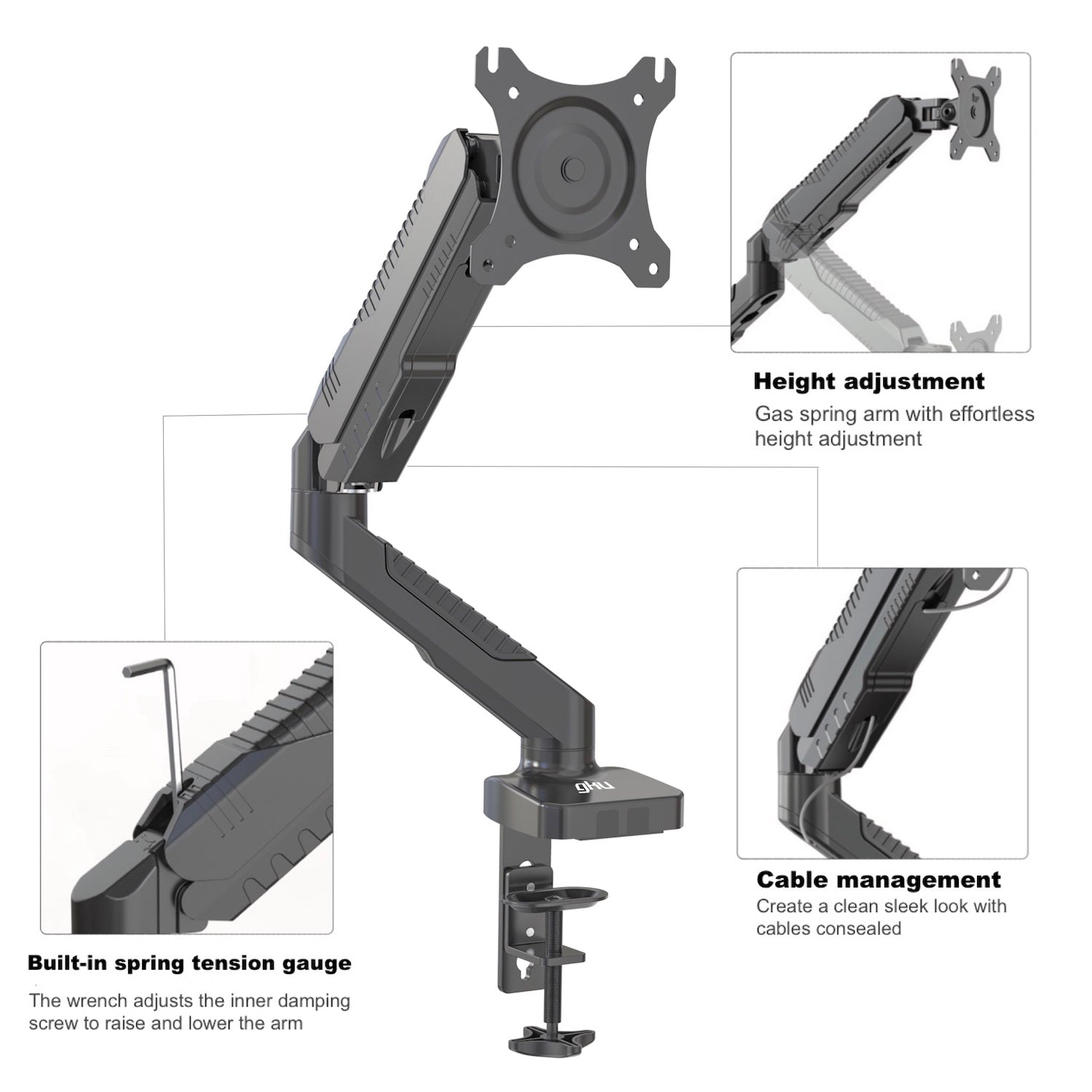 GKU Gas Spring Single Monitor Arm - EziRiser Monitor Mount black
