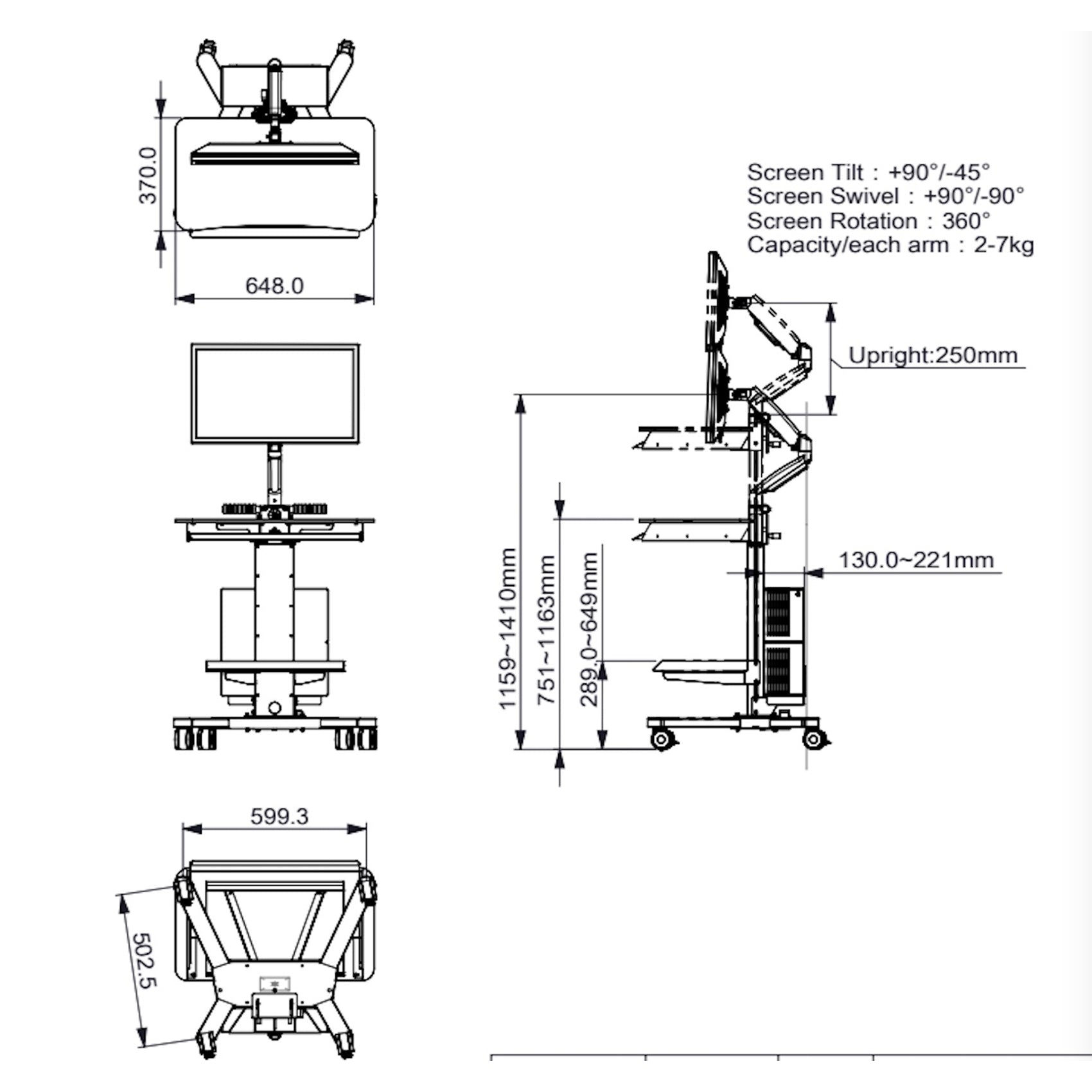 Mobile work station with CPU and Monitor Mount Utility Cart MCS3