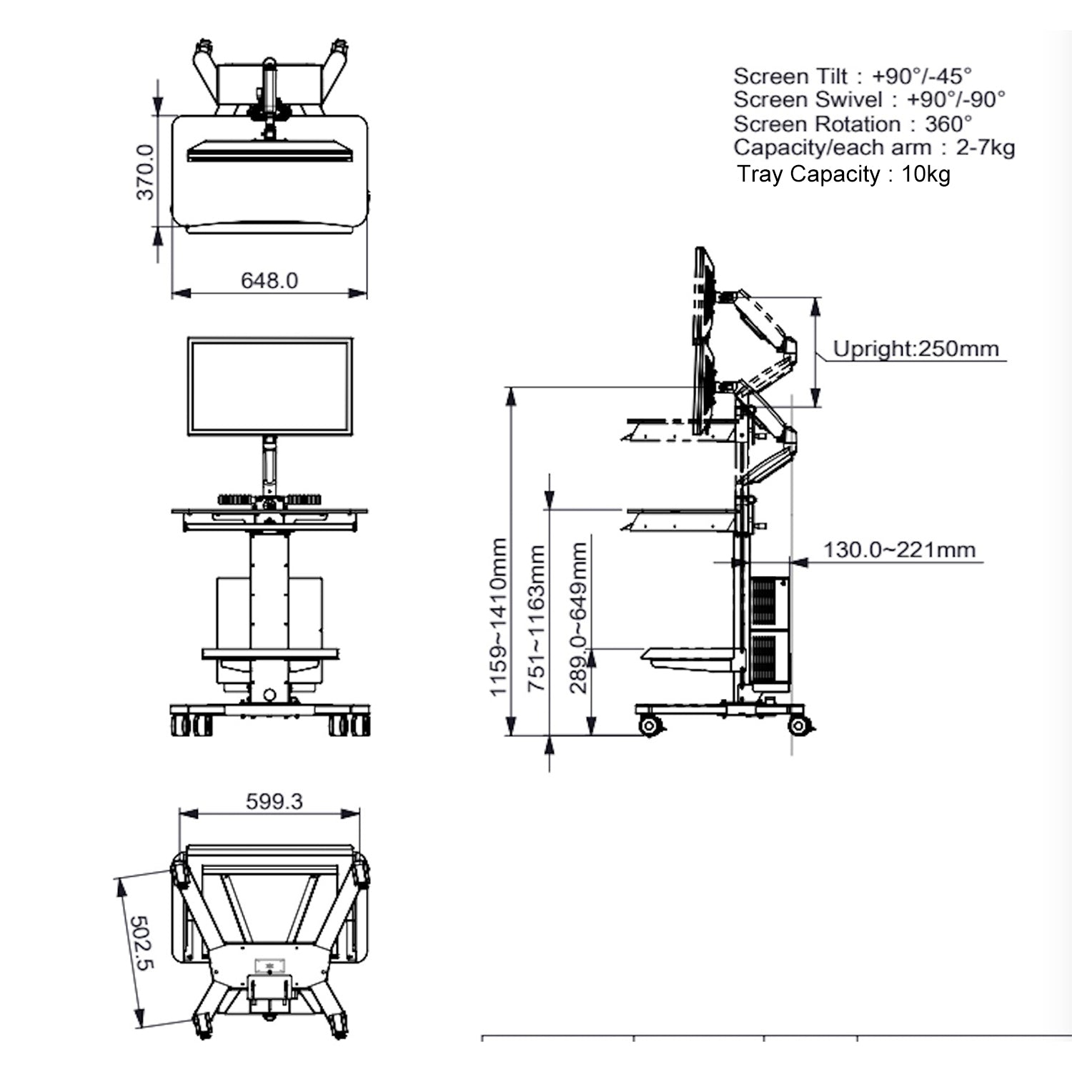Mobile work station with CPU and Monitor Mount Utility Cart MCS3