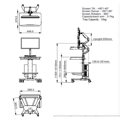 Mobile work station with CPU and Monitor Mount Utility Cart MCS3