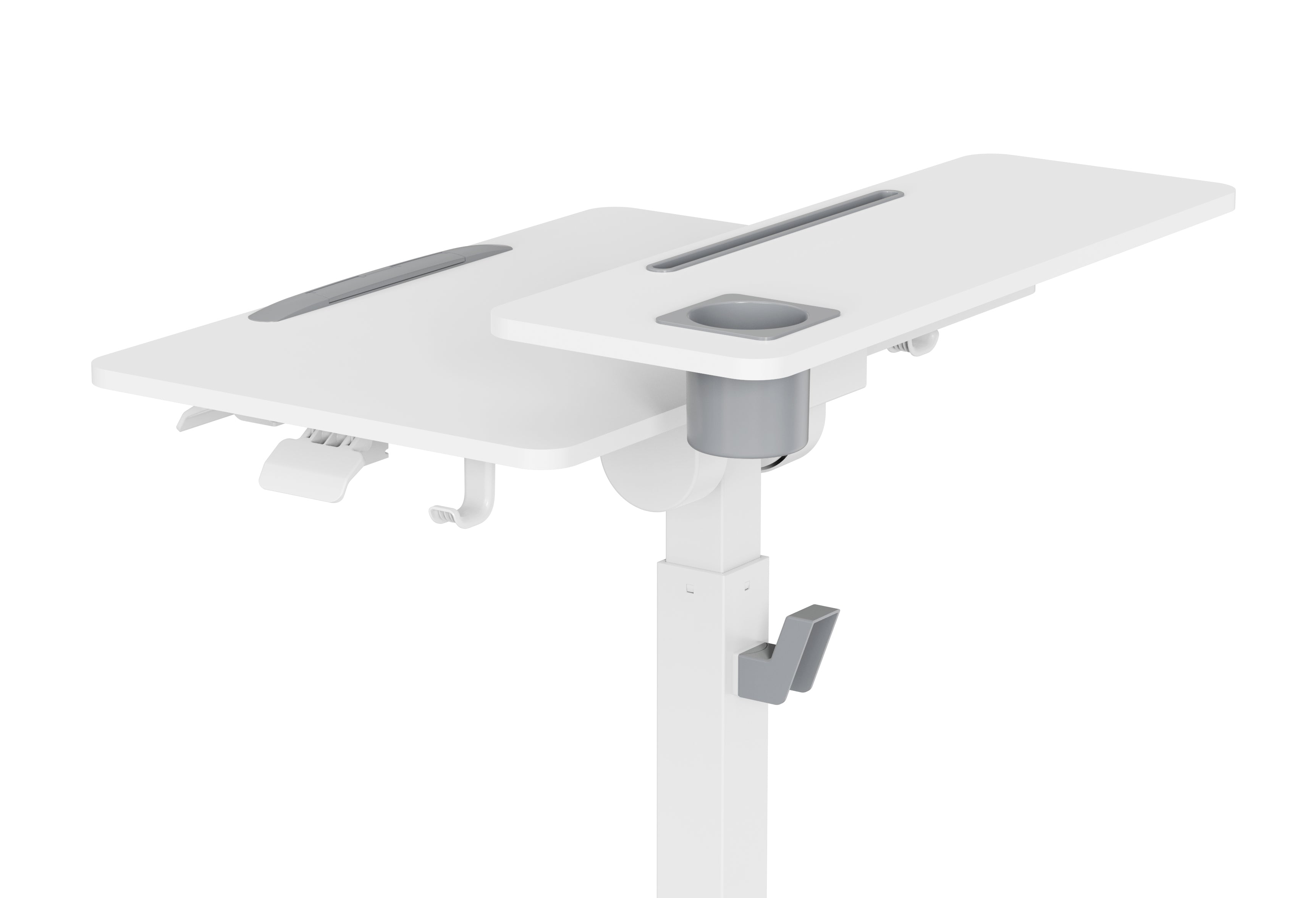 GKU Mobile Rolling Dual-level Laptop Stand | Height Adjustable Sit Stand Desk with Cup Holder & Hooks White F047-FA114