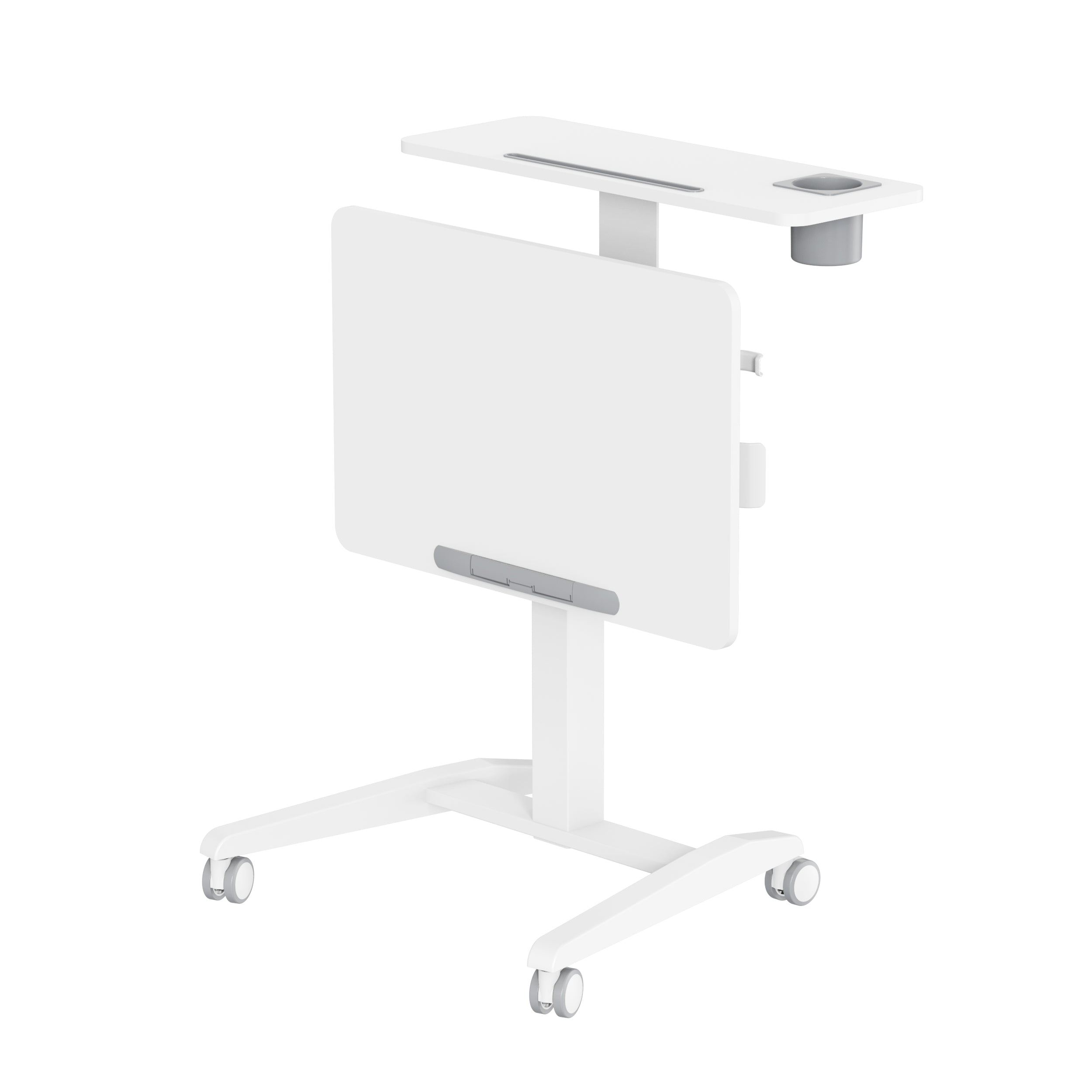 GKU Mobile Rolling Dual-level Laptop Stand | Height Adjustable Sit Stand Desk with Cup Holder & Hooks White F047-FA114