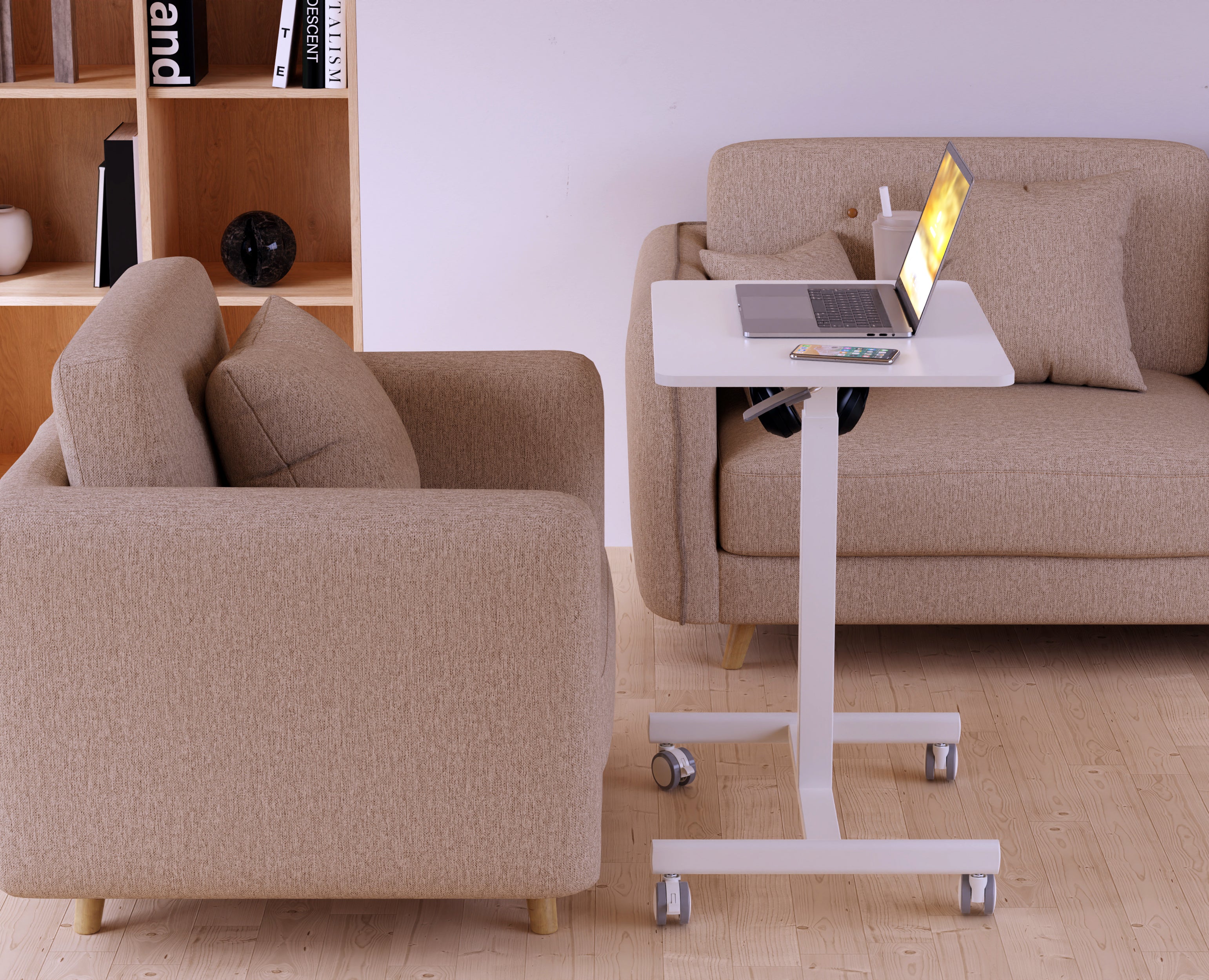 GKU Adjustable Mobile Standing Desk with Wheely & Cup Holder 650x480mm F047-FDS106B-A2,white/cup/ hook