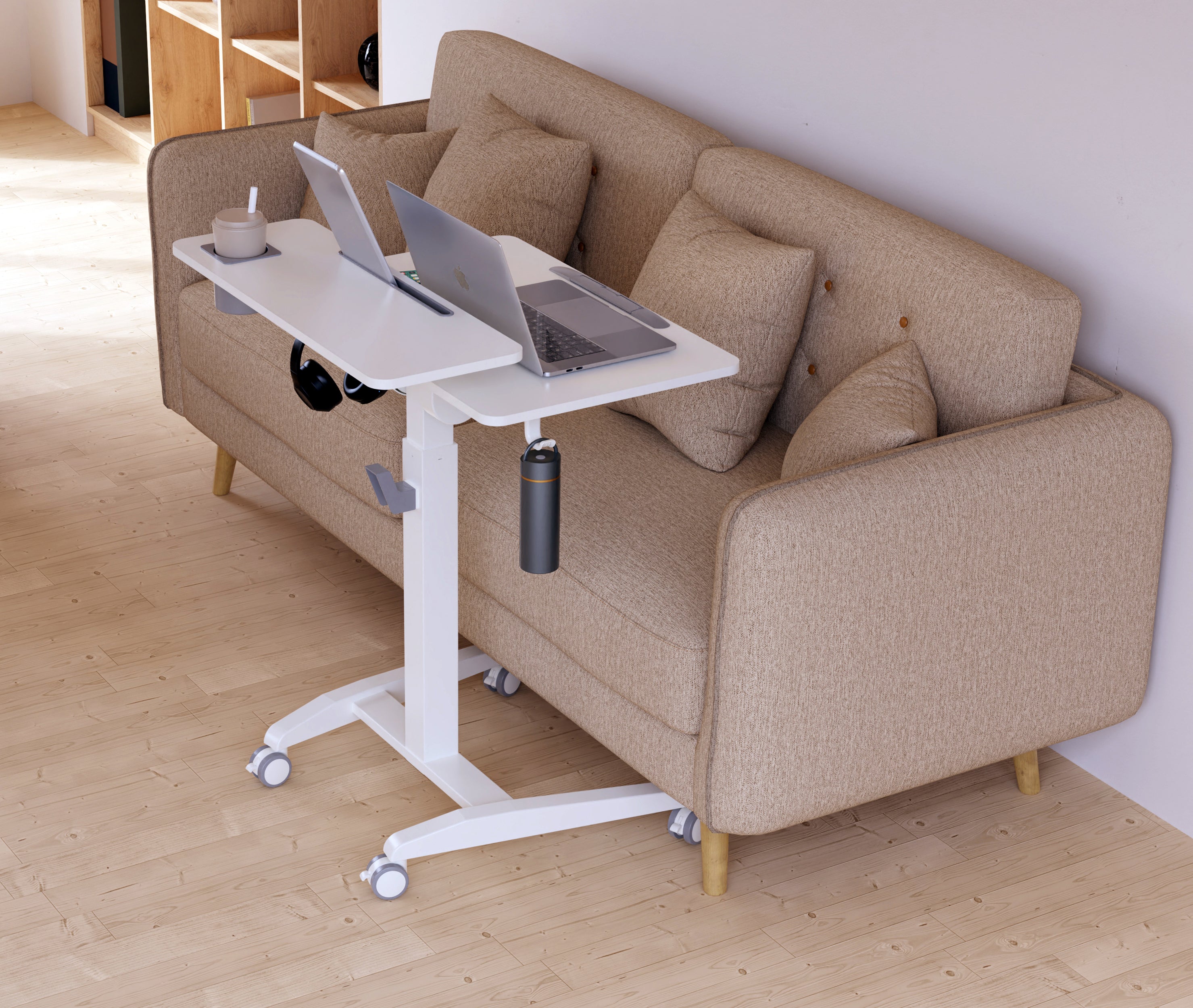 GKU Mobile Rolling Dual-level Laptop Stand | Height Adjustable Sit Stand Desk with Cup Holder & Hooks White F047-FA114