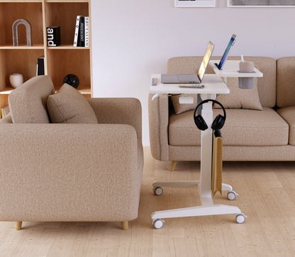 GKU Mobile Rolling Dual-level Laptop Stand | Height Adjustable Sit Stand Desk with Cup Holder & Hooks White F047-FA114