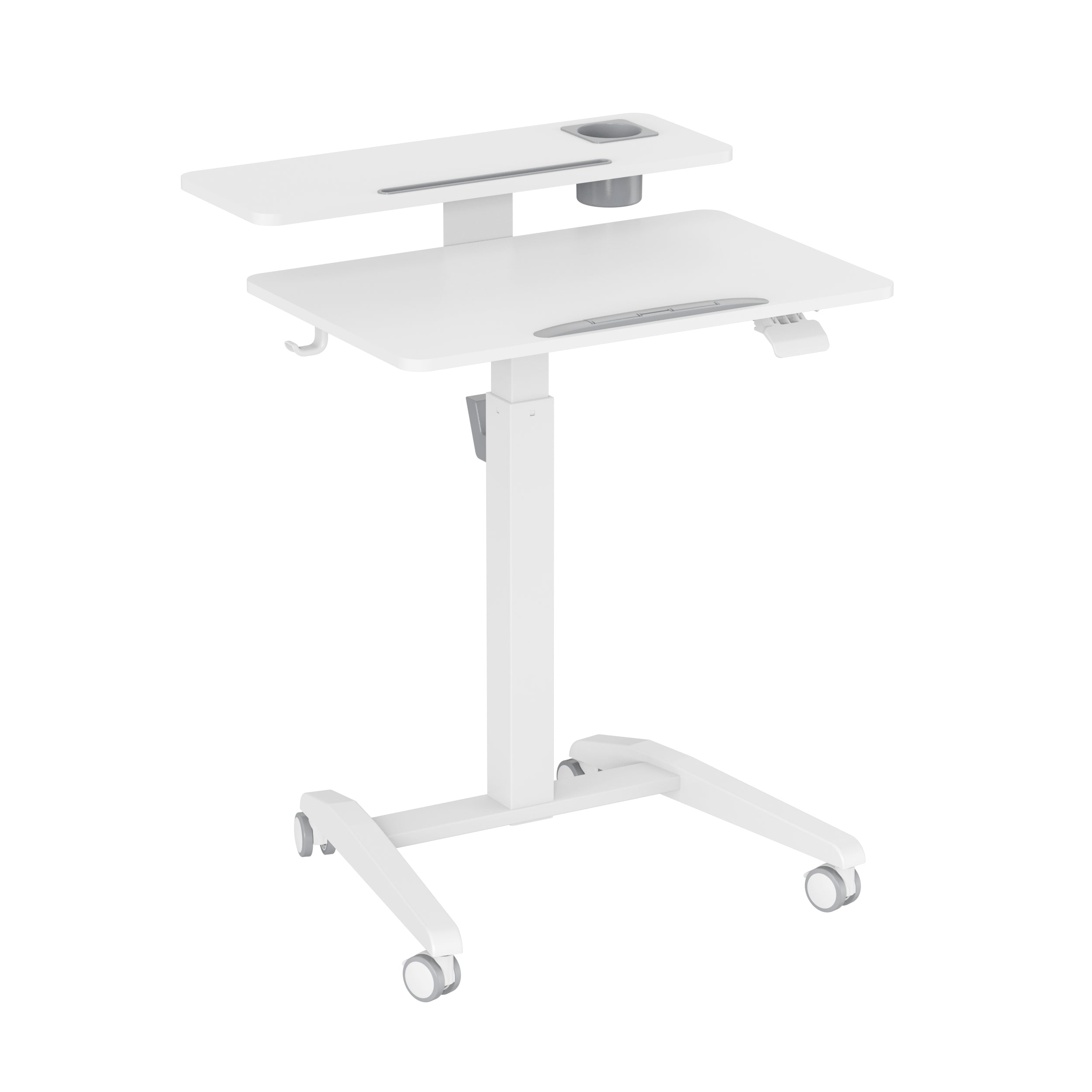 GKU Mobile Rolling Dual-level Laptop Stand | Height Adjustable Sit Stand Desk with Cup Holder & Hooks White F047-FA114
