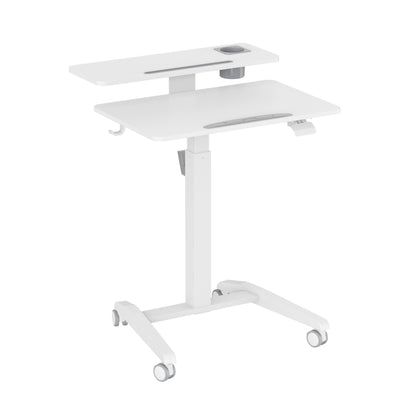 GKU Mobile Rolling Dual-level Laptop Stand | Height Adjustable Sit Stand Desk with Cup Holder & Hooks White F047-FA114