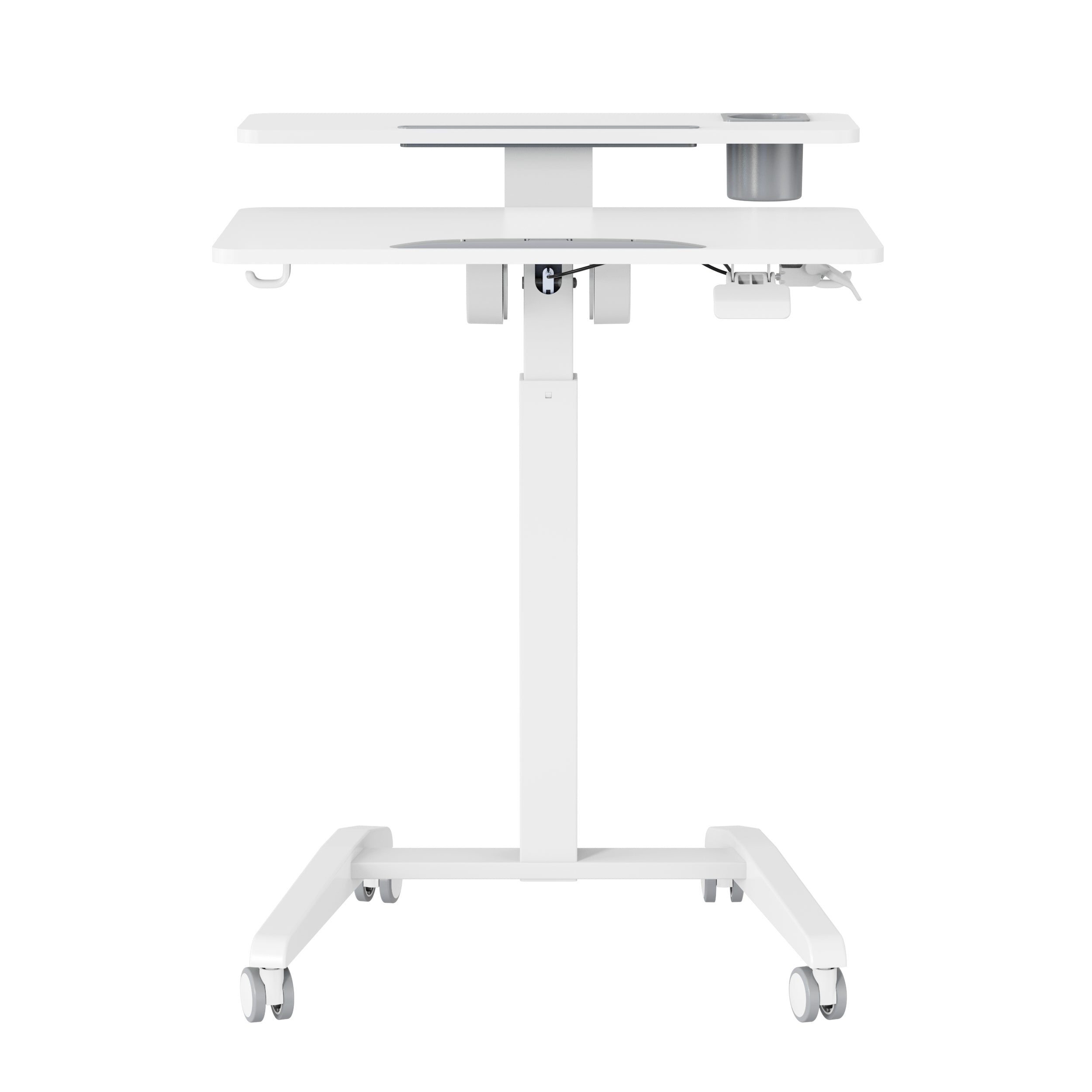 GKU Mobile Rolling Dual-level Laptop Stand | Height Adjustable Sit Stand Desk with Cup Holder & Hooks White F047-FA114