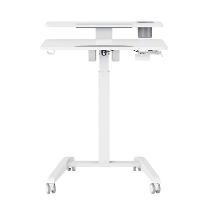GKU Mobile Rolling Dual-level Laptop Stand | Height Adjustable Sit Stand Desk with Cup Holder & Hooks White F047-FA114