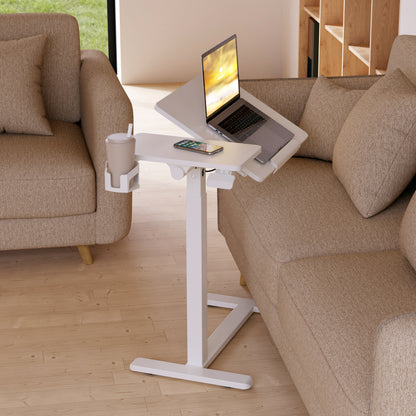 Gku Adjustable Height Overbed Side Table | Tilting Split Laptop Desk with Cup Holder, Mobile Sofa Standing Desk FA127 White