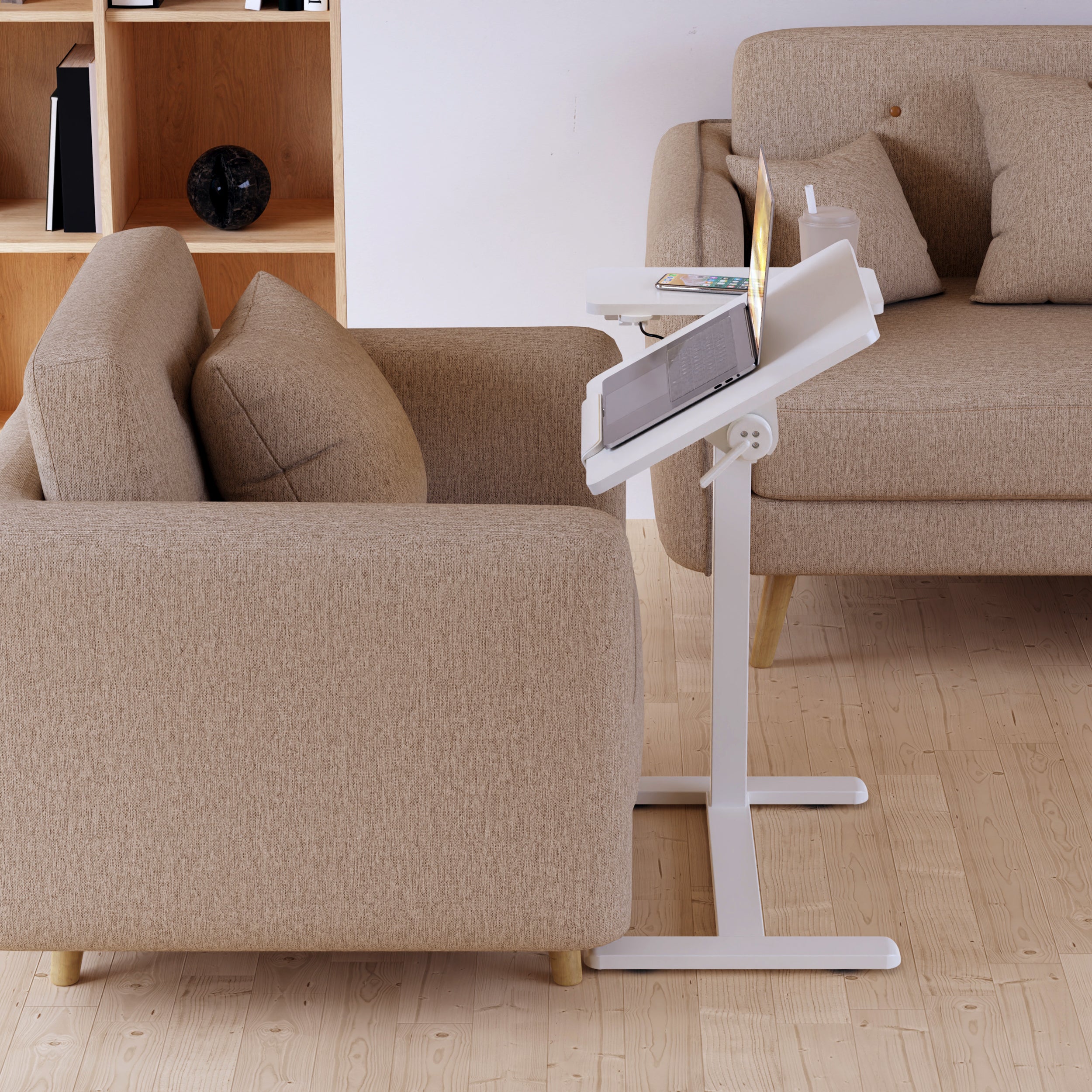 Gku Adjustable Height Overbed Side Table | Tilting Split Laptop Desk with Cup Holder, Mobile Sofa Standing Desk FA127 White