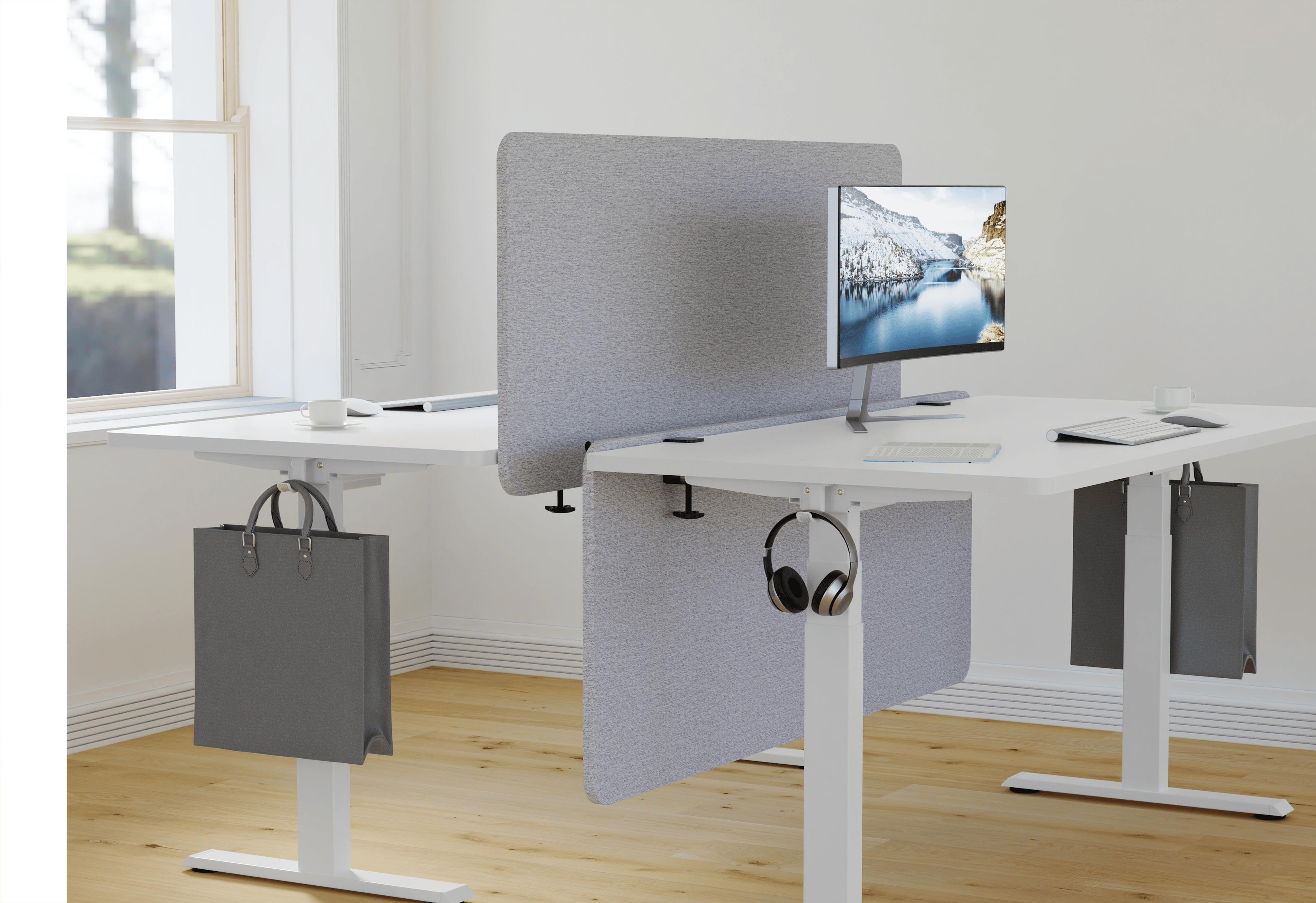 GKU Desk Privacy Panel F047-FS202 | 1500×600mm Grey Acoustic Desk Divider Screen with Dual Mount Brackets