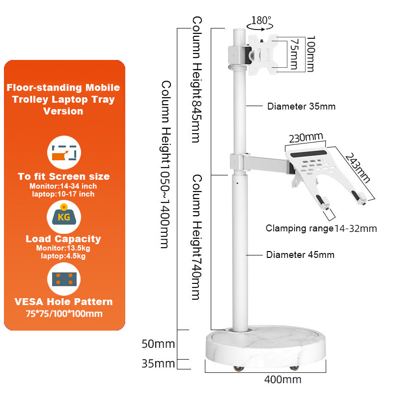 TV Monitor floor mobile stand Mount Bracket white marble base Gas Arm Shelf