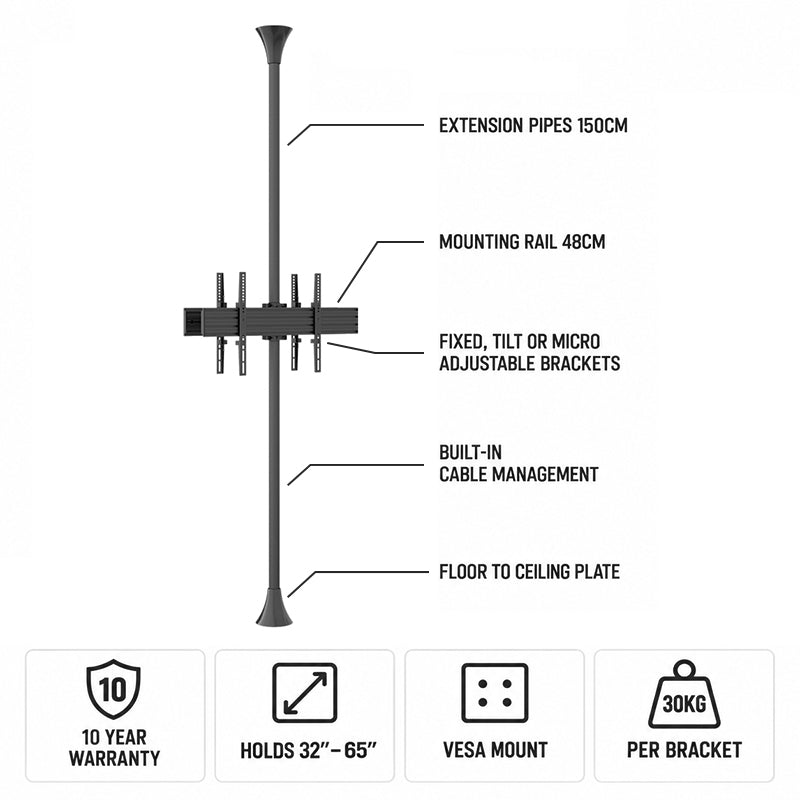 Mountech Floor-to-Ceiling TV Signage Mount Stand – Single, Dual or Back-to-Back | MTECFS11B