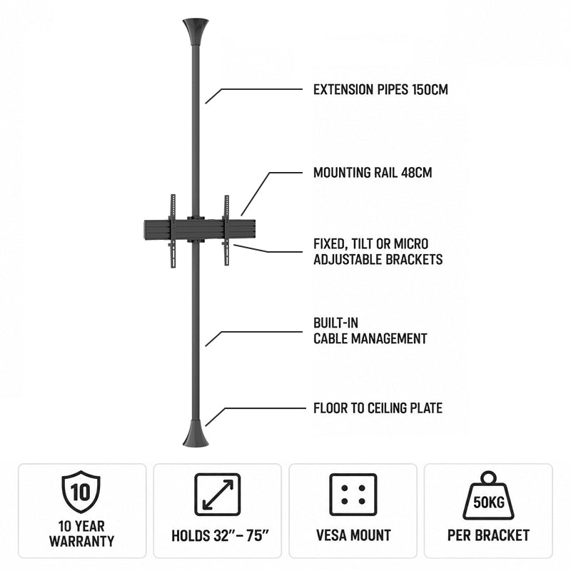 Mountech Floor-to-Ceiling TV Signage Mount Stand – Single, Dual or Back-to-Back | MTECFS11B