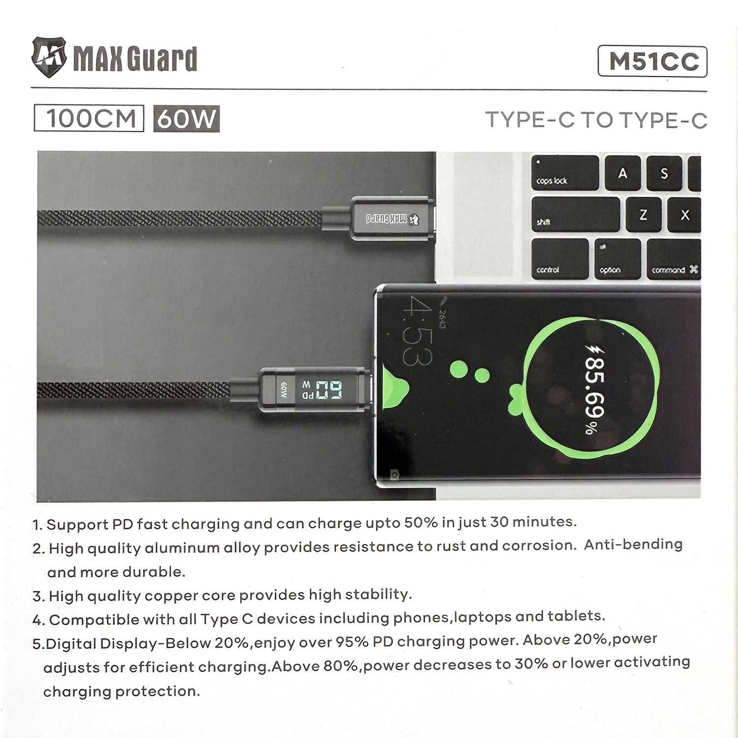 Type c to Type c fast charging cable with digital display 1m m51cc