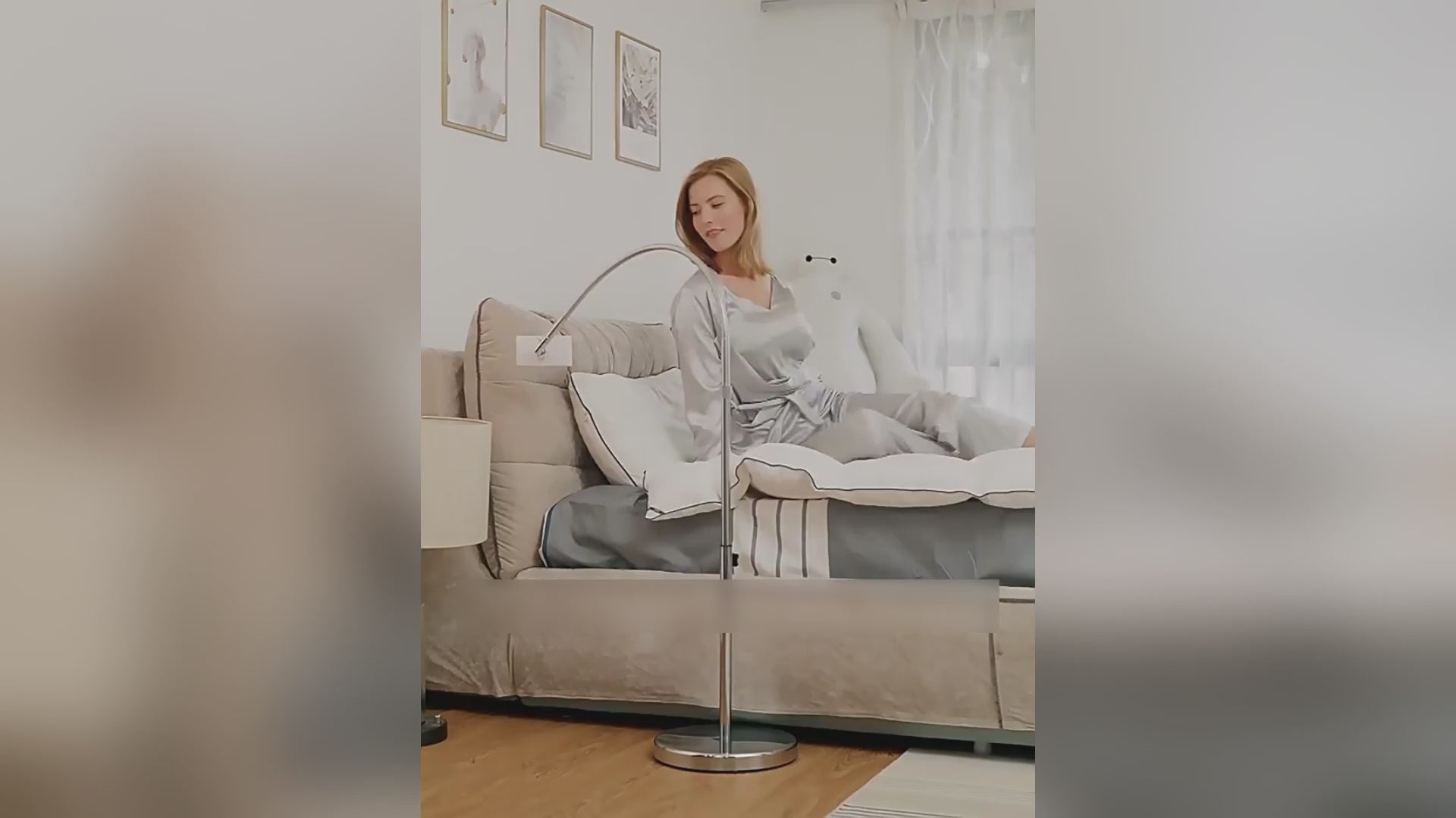 Load video: Silver Floor Tablet Holder Stand with Solid Metal Base Flexible Steel Gooseneck for iPad iPhone Heavy Duty Lazy Stand for Bedroom Living Room