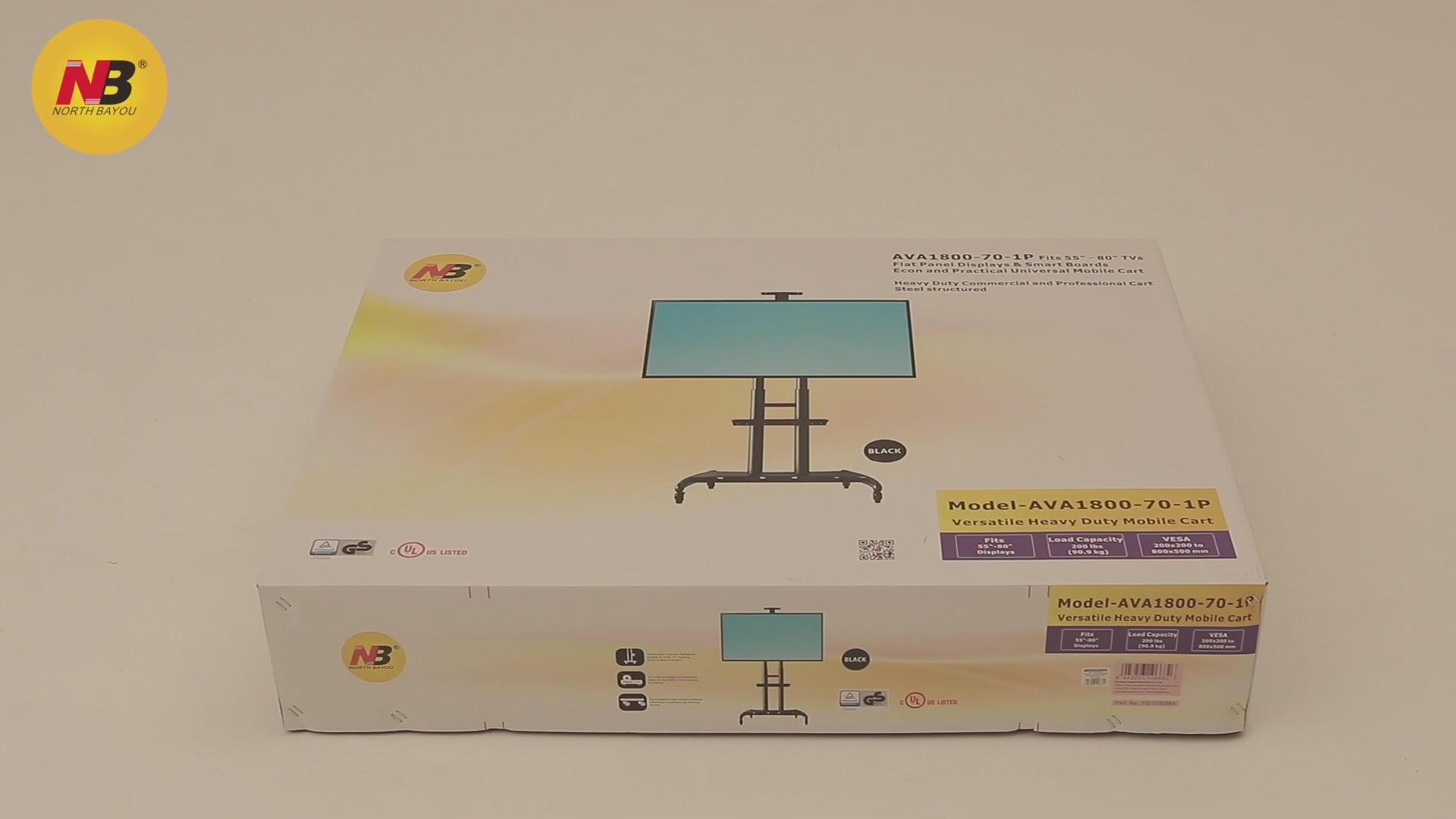 Heavy Duty Mobile TV Cart AVA1800-70-1P - 90kg capacity- Black Steel