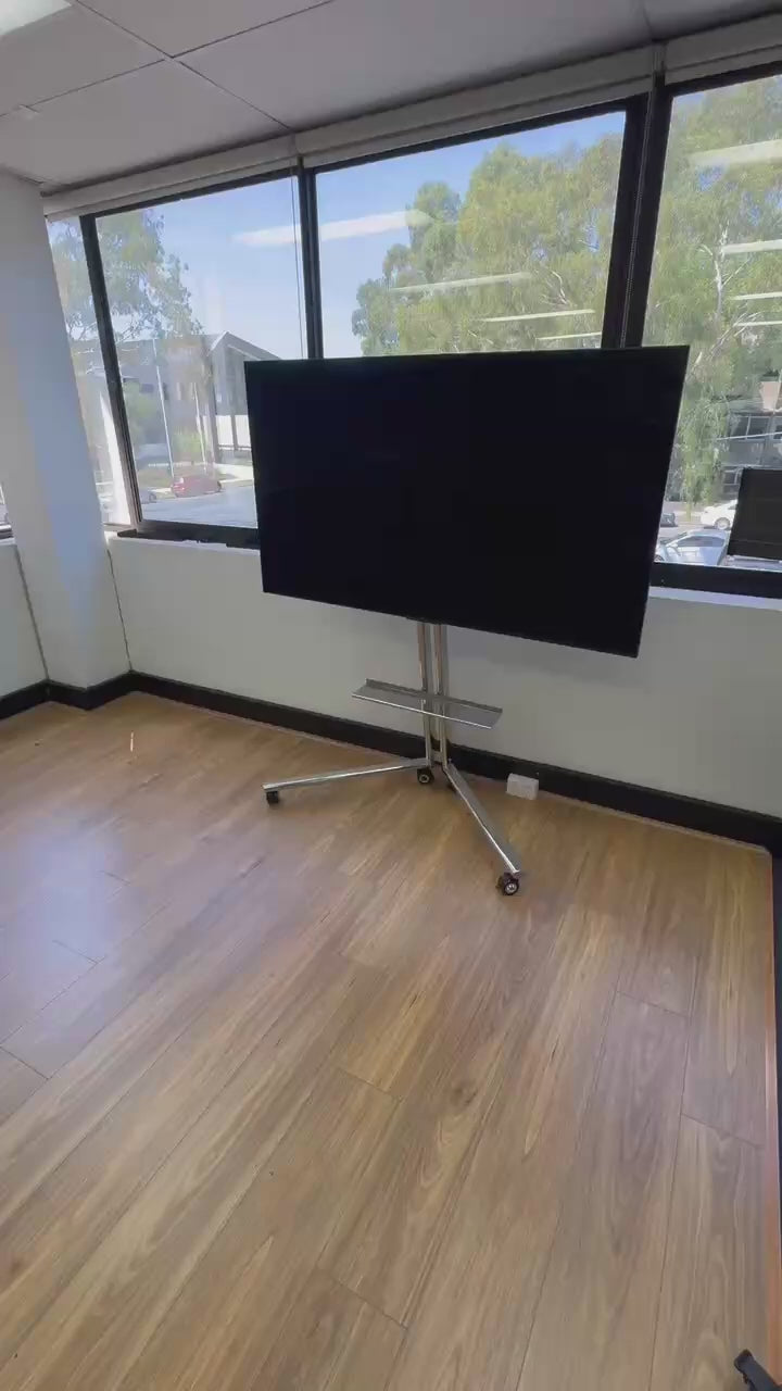 Load video: Pinnacle TV Art Mobile Stand stainless steel 32 to 65 inch