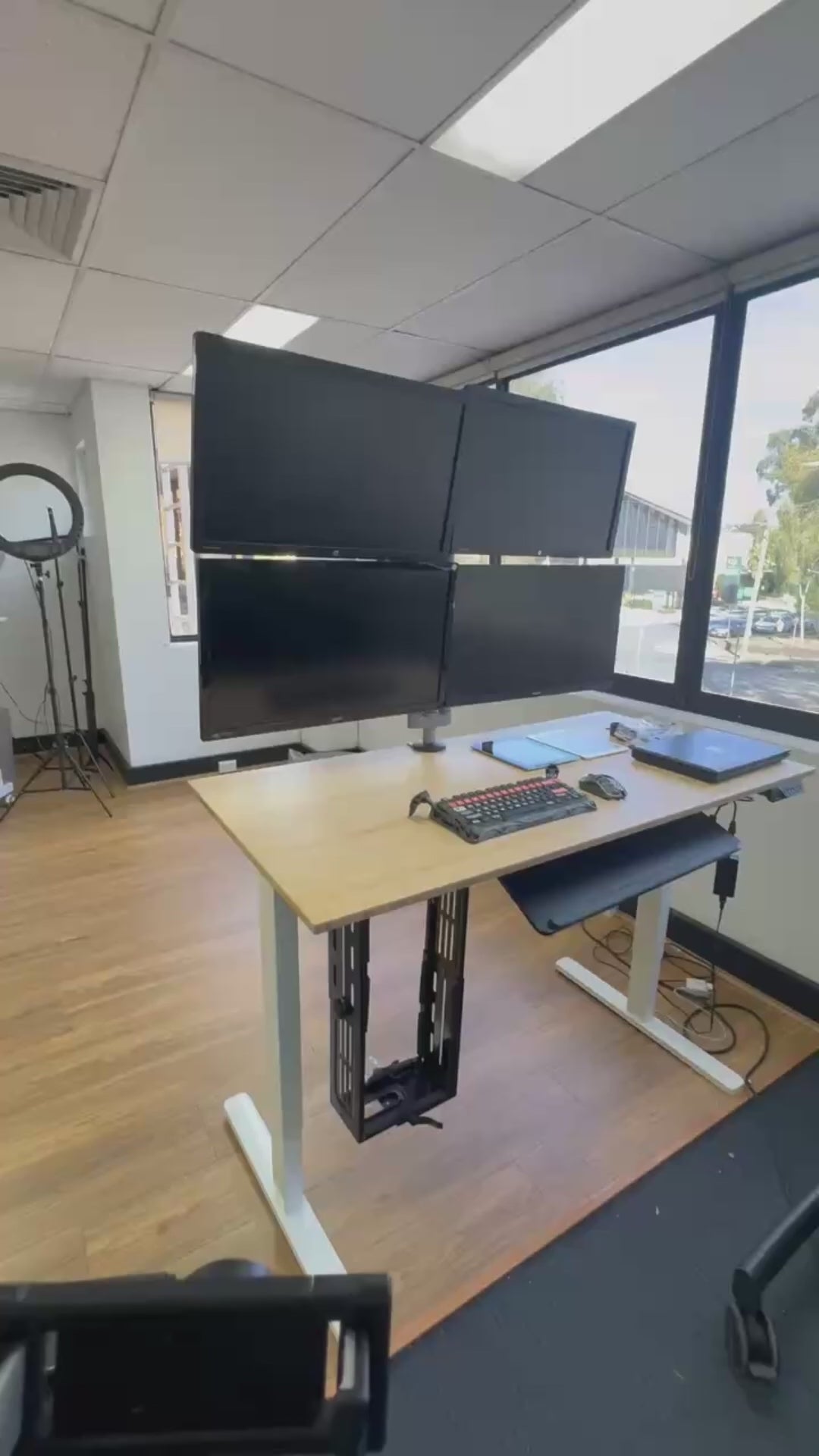 Load video: Premium Aluminum Articualting Monitor Arms Mount Stands 4 screens