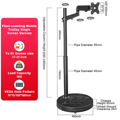 TV Monitor floor mobile stand black marble base-vesa 100 floor stand