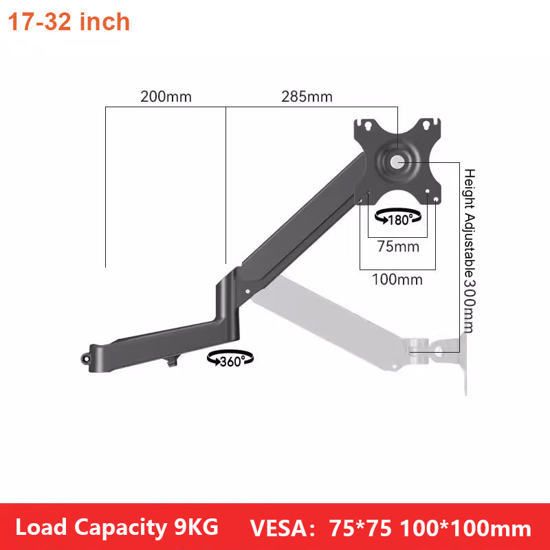 Monitor Arm with Pipe Clamp Mount Fits Round & Square Tube 25-60mm up to 9kg 32inch