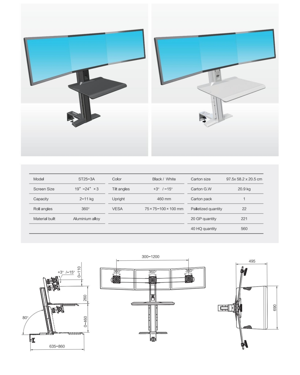 Work station Standing TRIPLE Screen Sit Stand 19-24" up to 11kg