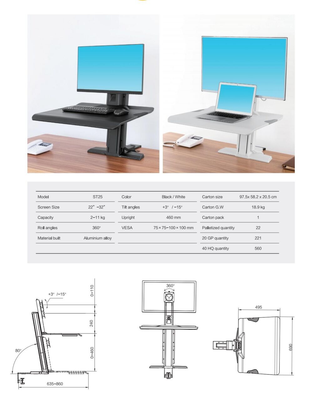 Work station Standing Screen Sit Stand 22"-32"" up to 11kg - black