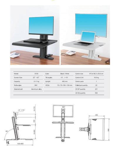 Work station Standing Screen Sit Stand 22"-32"" up to 11kg - black