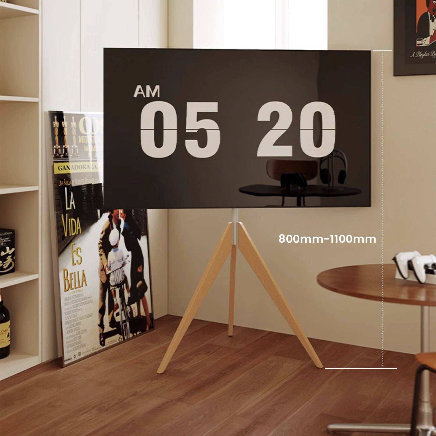 Tripod TV Stand for 32-65 Inch TVs | Beech Wood Height Adjustable Floor TV Mount