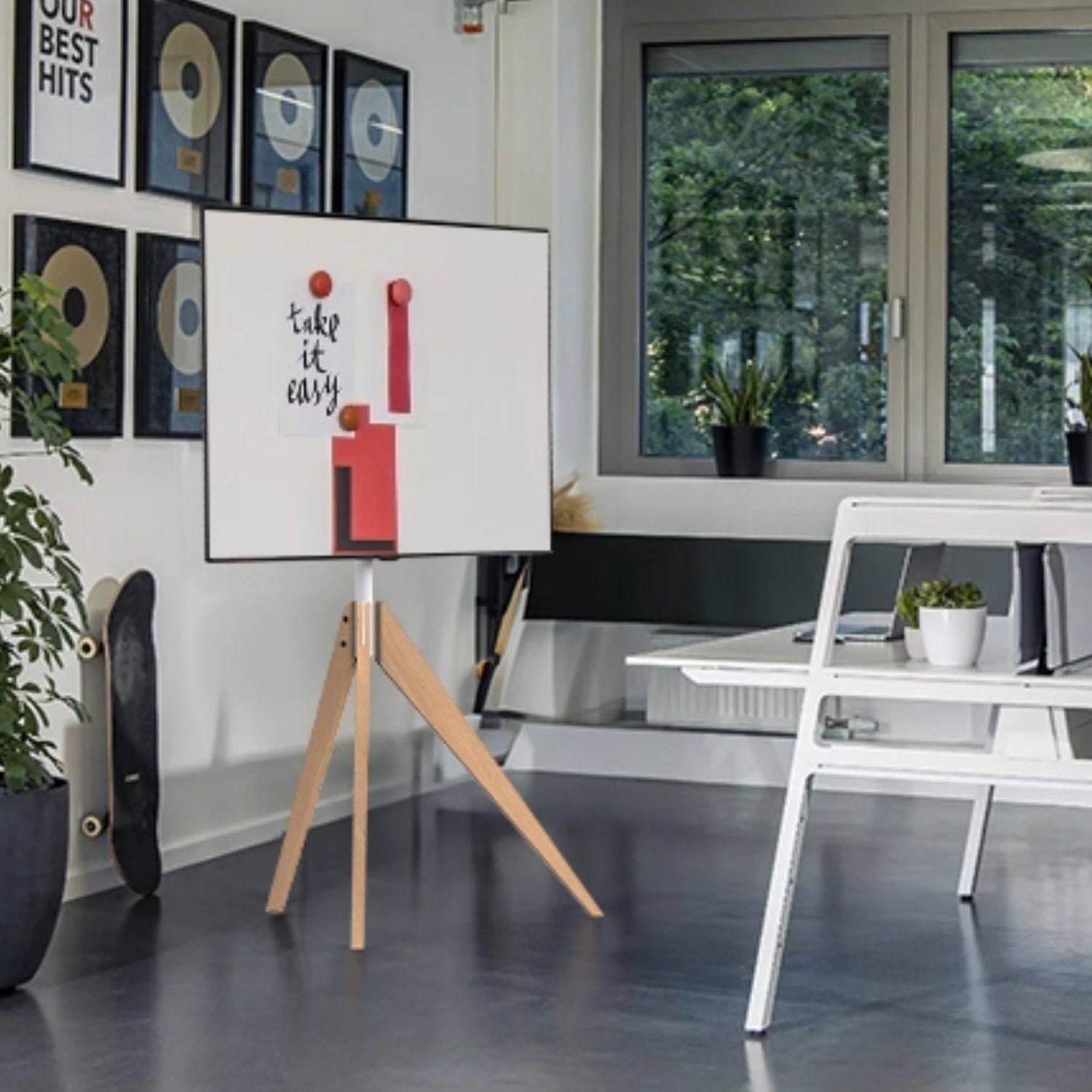 White Tripod TV Stand for 32-65 Inch TVs | Beech Wood Height Adjustable Floor TV Mount