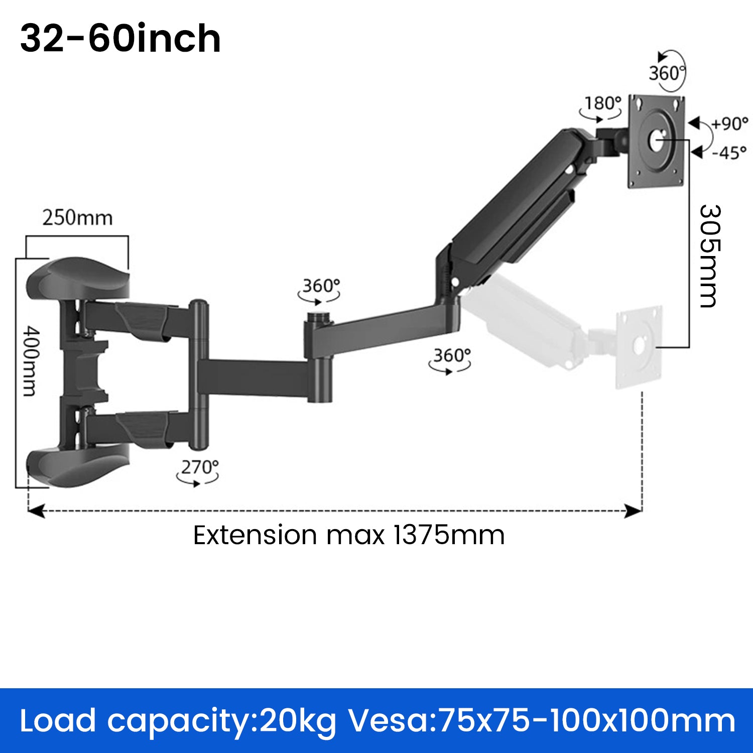 Extra Long Arm Extending Wall Mount for monitors gas struct 1000-1375mm reach