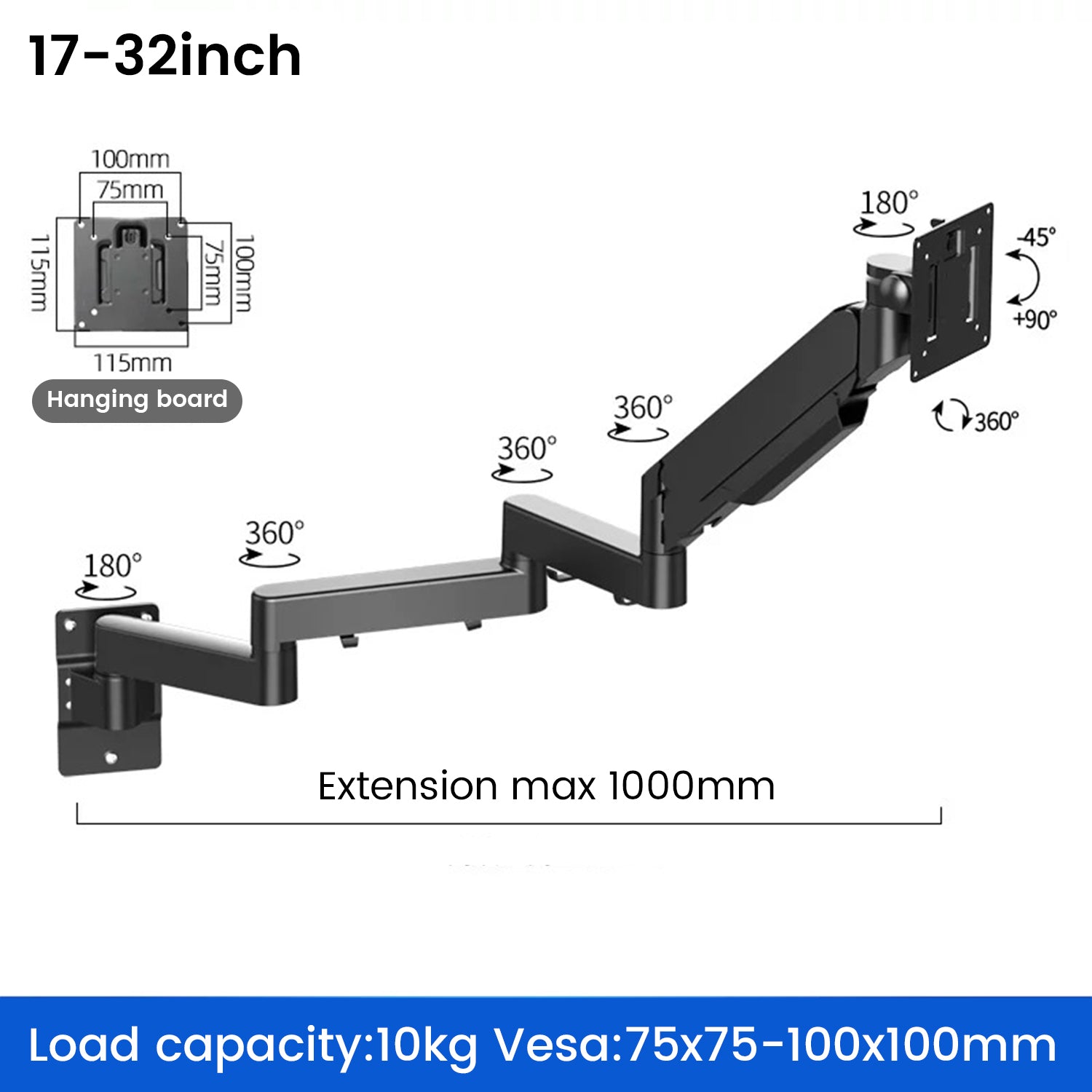 Extra Long Arm Extending Wall Mount for monitors gas struct 1000-1375mm reach